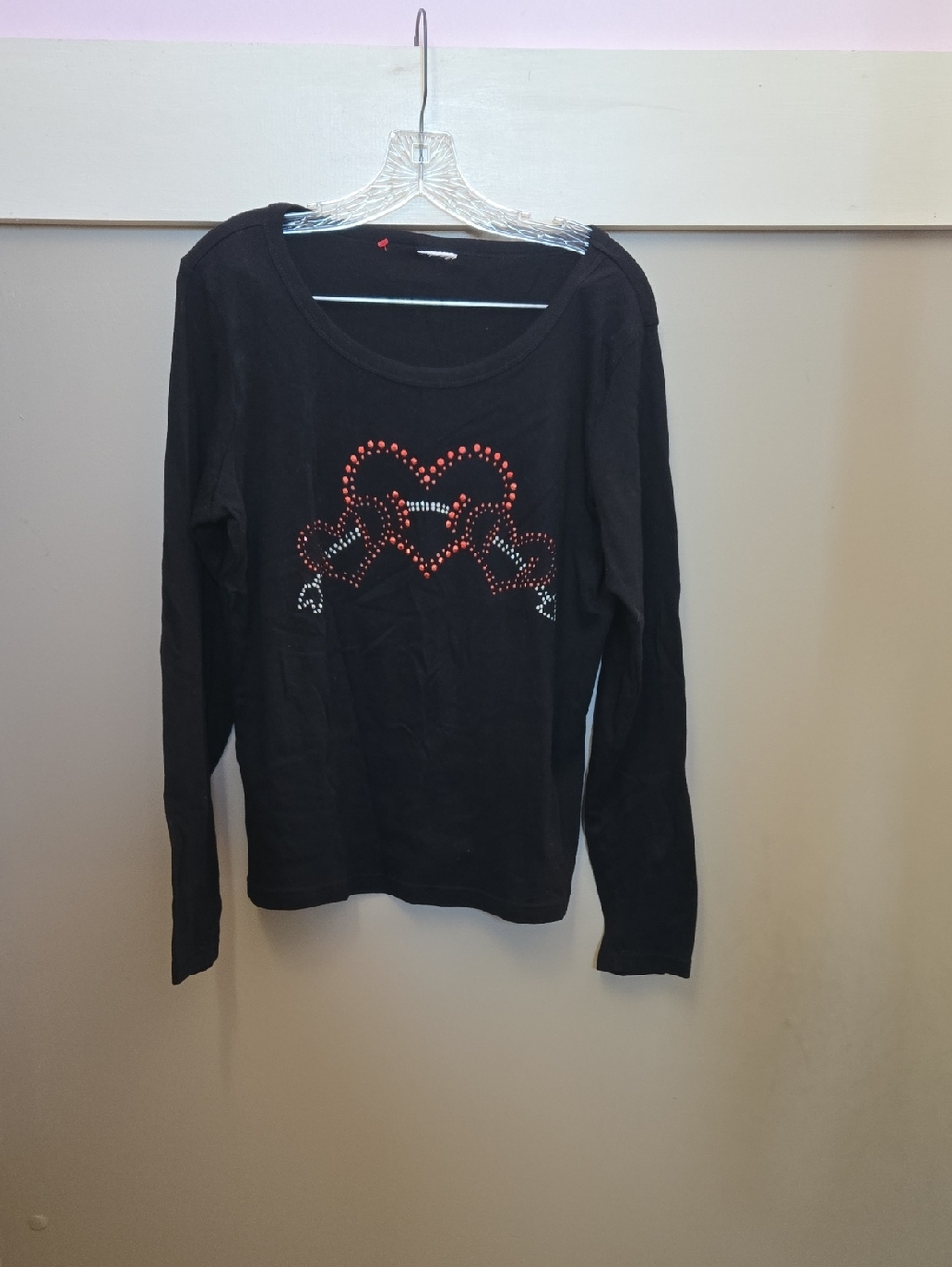 Black Long Sleeve Top with Red and Silver Heart Sequins